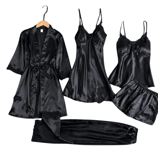 Royal Bridal Silk black 5pcs Nightgown set