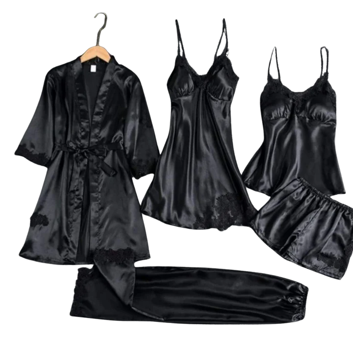 Royal Bridal Silk black 5pcs Nightgown set