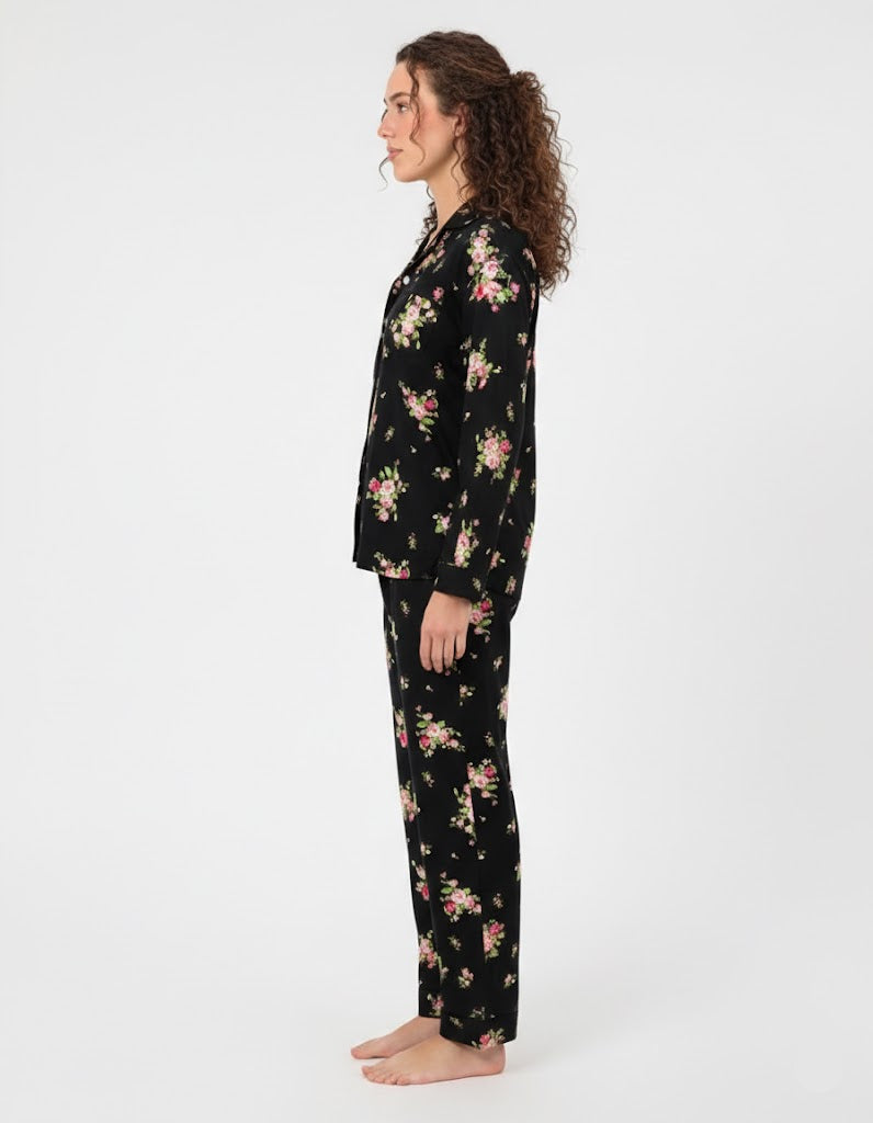 Linen Pajama Suit - Black Floral