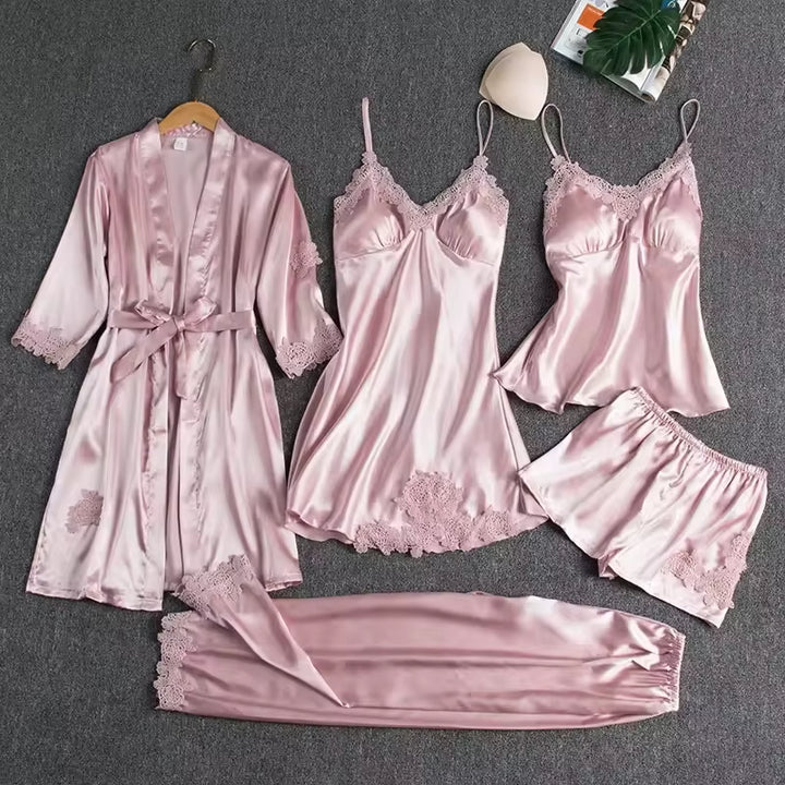 Royal Bridal Silk Pink 5pcs Nightgown set