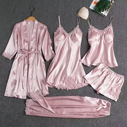 Royal Bridal Silk Pink 5pcs Nightgown set