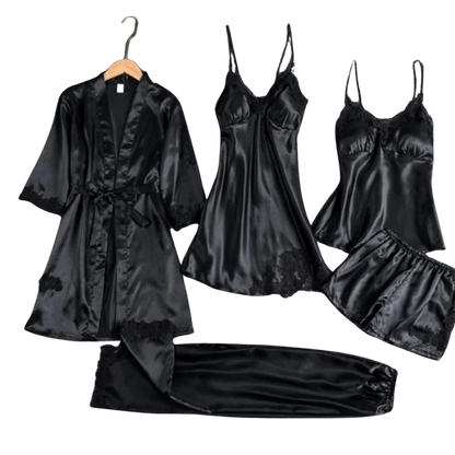 Royal Bridal Silk black 5pcs Nightgown set