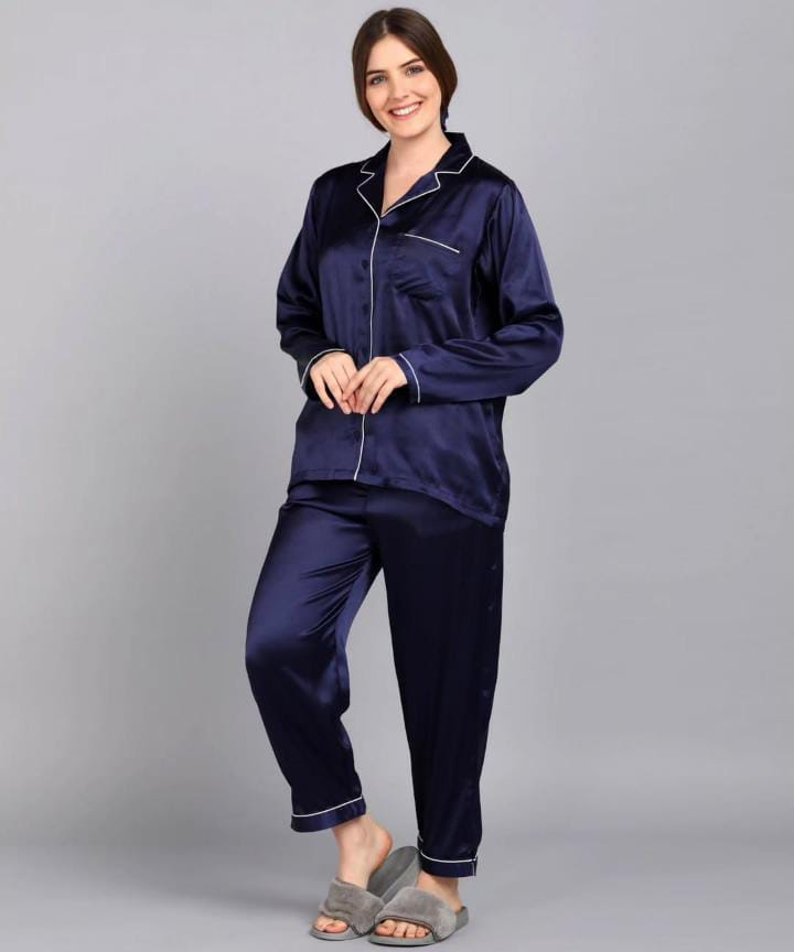 Plain Silk Dark Blue  Night Dress