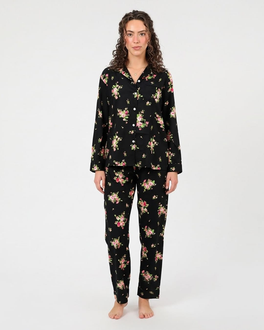 Linen Pajama Suit - Black Floral