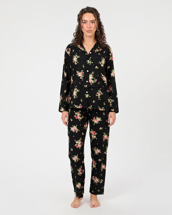 Linen Pajama Suit - Black Floral