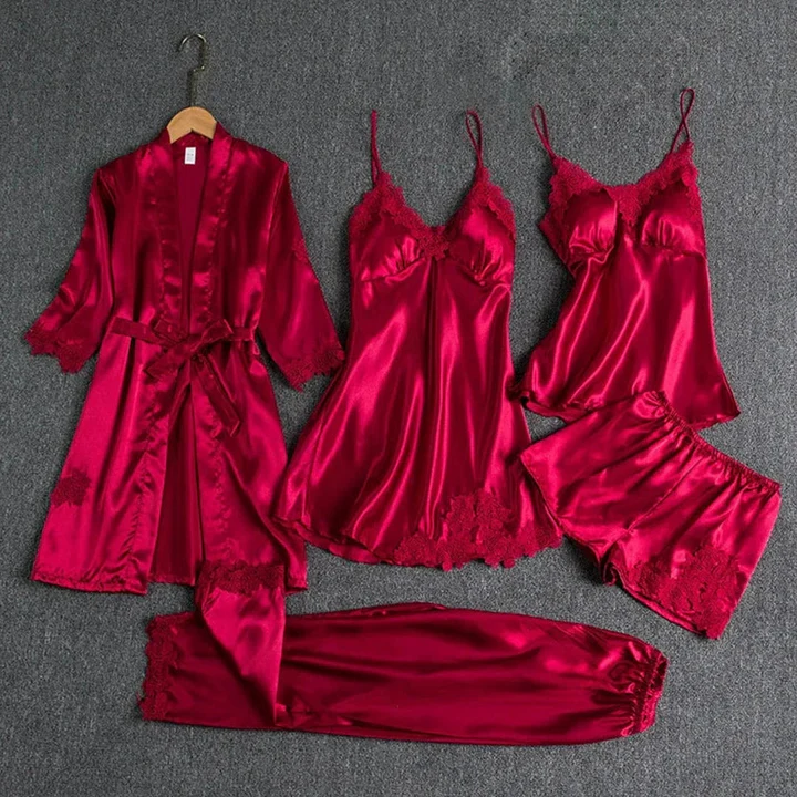 Royal Bridal Red Silk 5pcs Nightgown set