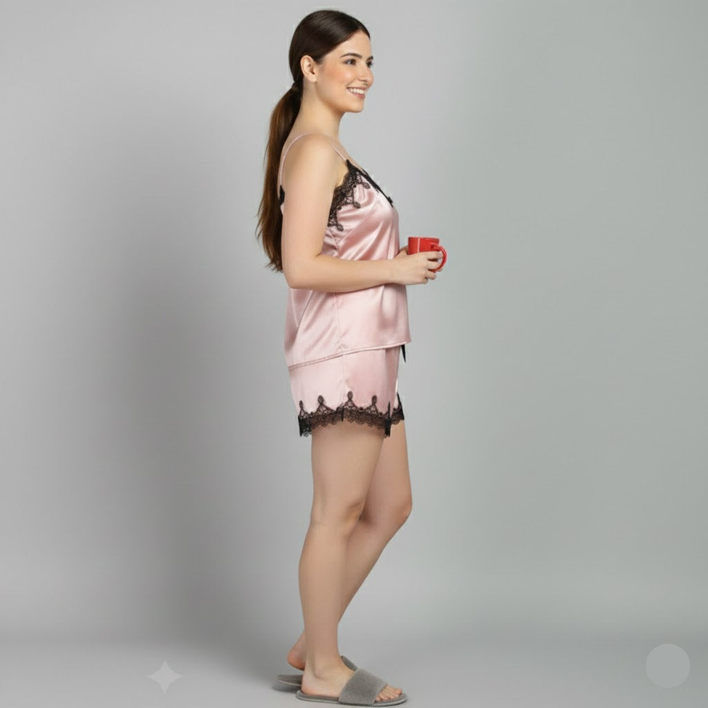 Luxury Silk Satin Pink Lace Camisole Set
