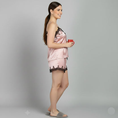 Luxury Silk Satin Pink Lace Camisole Set