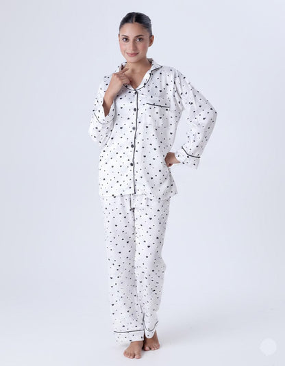 Silk Pajama Suit with Scrunchie - WhIte Black Hearts