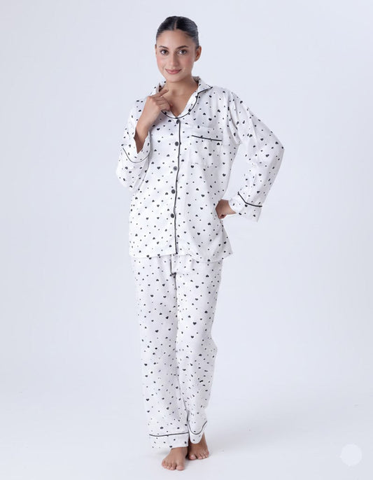 Silk Pajama Suit with Scrunchie - WhIte Black Hearts
