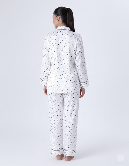 Silk Pajama Suit with Scrunchie - WhIte Black Hearts