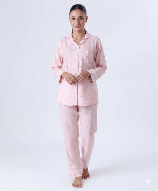 Linen Women’s Pink Bow Print Satin Nightwear PJ Set