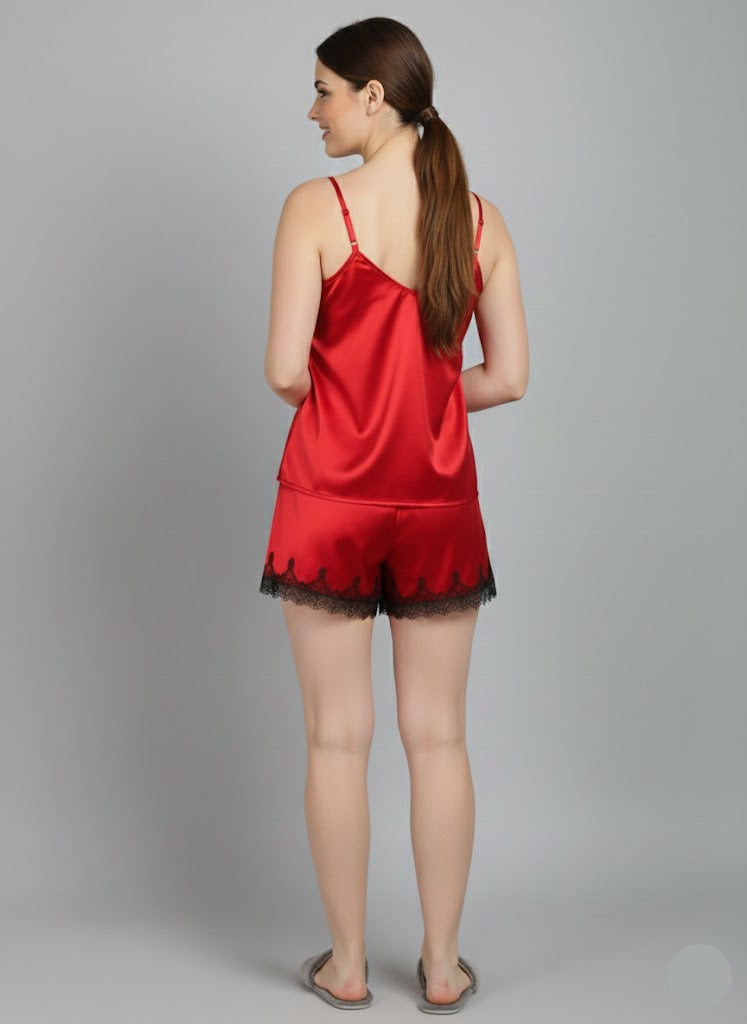 Luxury Silk Satin Red Lace Camisole Set