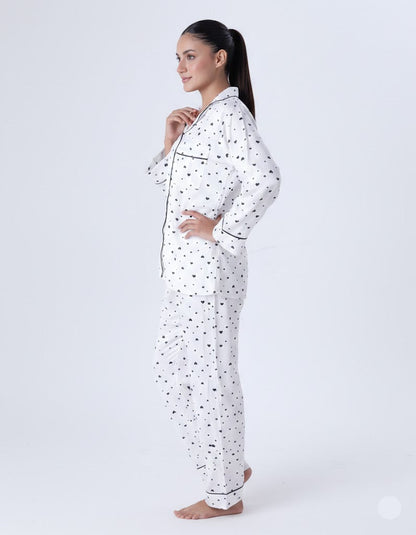 Silk Pajama Suit with Scrunchie - WhIte Black Hearts