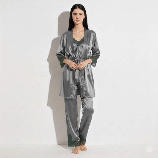 Royal Bridal  Grey Silk 5pcs Nightgown set