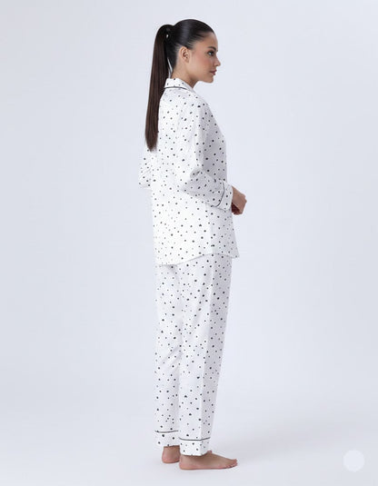 Silk Pajama Suit with Scrunchie - WhIte Black Hearts