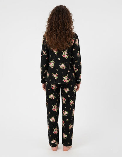 Linen Pajama Suit - Black Floral