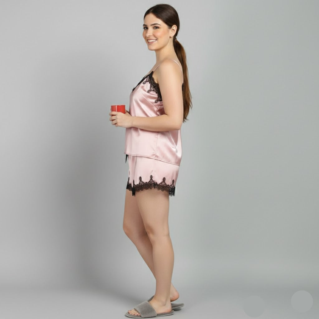 Luxury Silk Satin Pink Lace Camisole Set