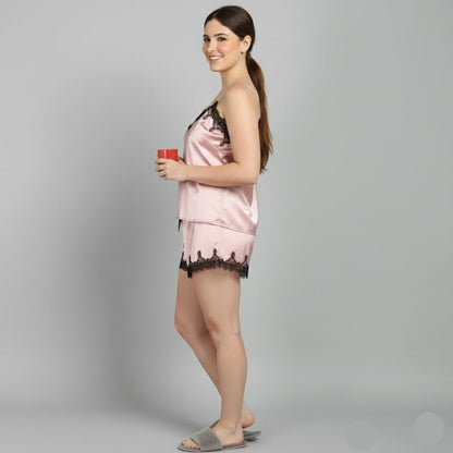 Luxury Silk Satin Pink Lace Camisole Set