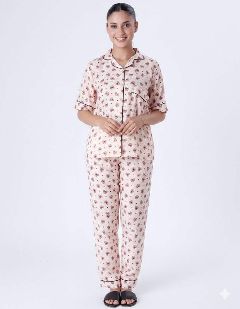 Linen Summer Pajama Suit - Ribbon And hearts
