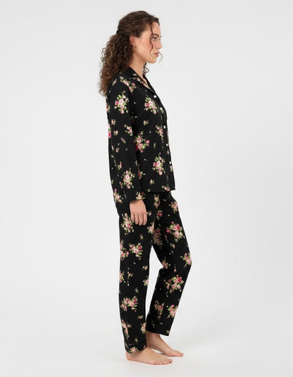 Linen Pajama Suit - Black Floral
