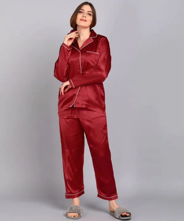 SAFQ Plain Silk Front Button Open 3/4 Sleeve Night Dress For Girls - Silk Night Suit For Women Girls- Pjs For Women Two Piece Set