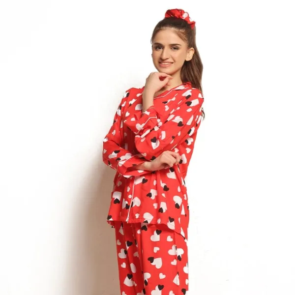 Sweetheart Red Linen Pajama Suit with Scrunchie – SAFQ
