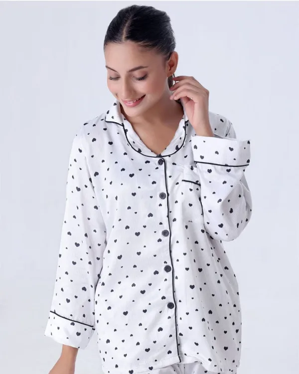 Silk Pajama Suit with Scrunchie – Black Hearts | SAFQ